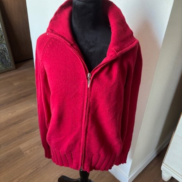 Common Threads Red Cotton Double Zip Long Sleeve Cardigan Sweater EUC L - Picture 1 of 7